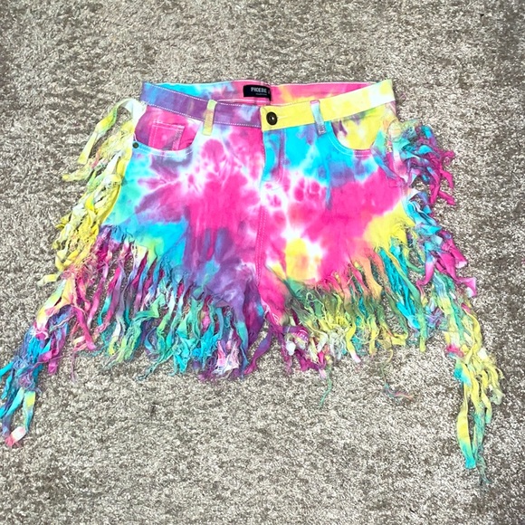Rainbow Neon Tie Die Fringe Shorts Sz XL - Picture 5 of 10